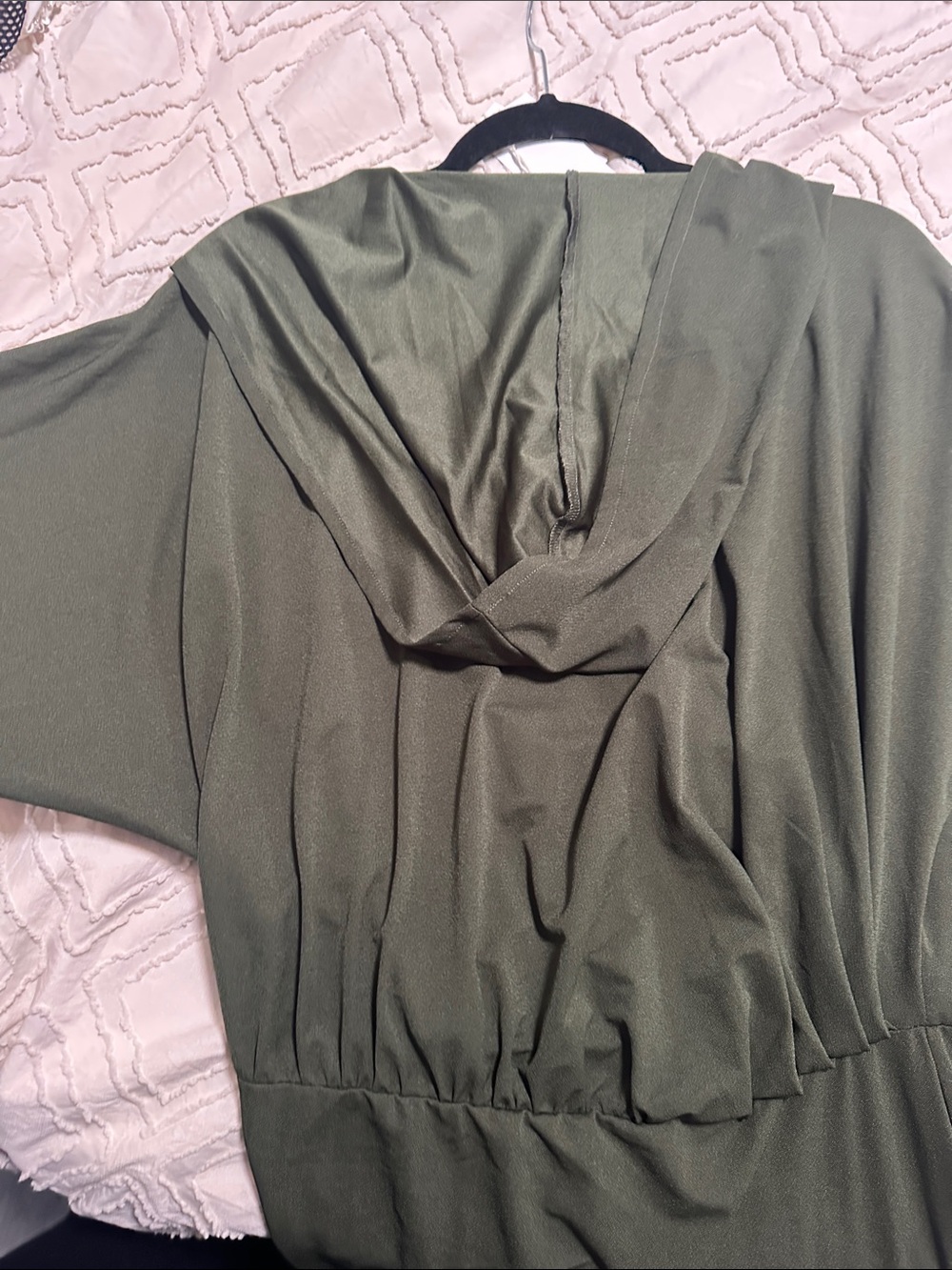 Olive Green Maxi Wrap-Front Dress with V-Neck and hoodie - Picture 3 of 4